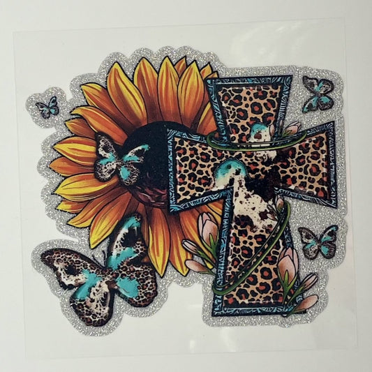 UV DTF Wrap - Leopard Cross Sunflower Teal Butterfly Glitter Decal