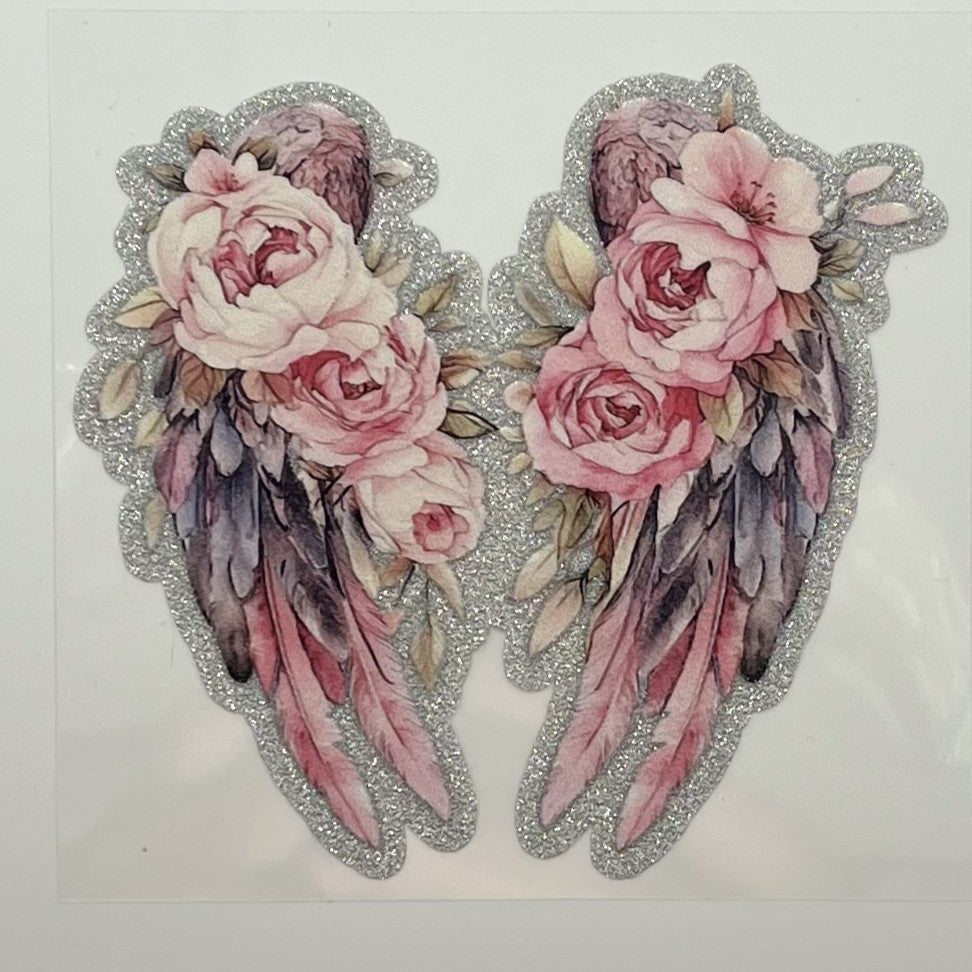 UV DTF Wrap - Floral Angel Wings Pink Peony Glitter Decal