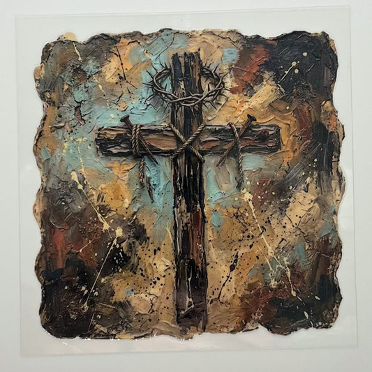 UV DTF Wrap - Rugged Cross Crown of Thorns Oil Painting Decal