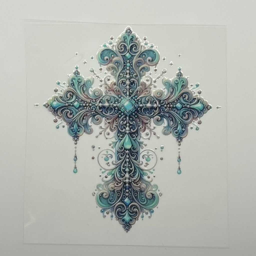 UV DTF Wrap - Teal Silver Ornate Filigree Jeweled Cross Decal