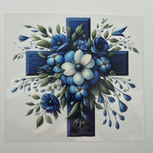 UV DTF Wrap - Navy Blue Floral Cross White Magnolia Decal