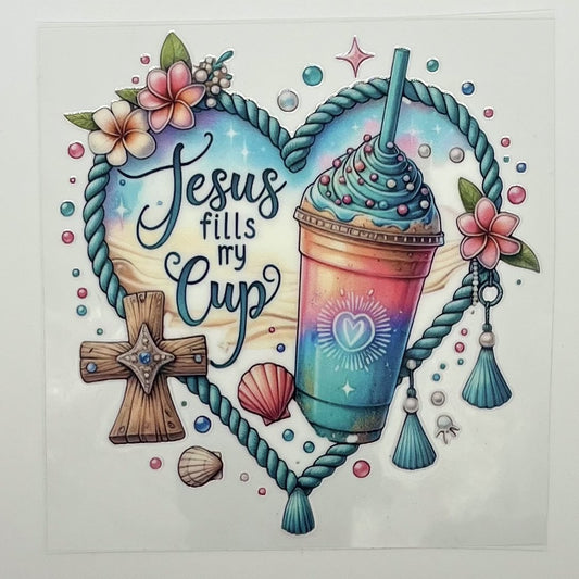 UV DTF Wrap - Jesus Fills My Cup Boho Rope Heart Frappe Decal