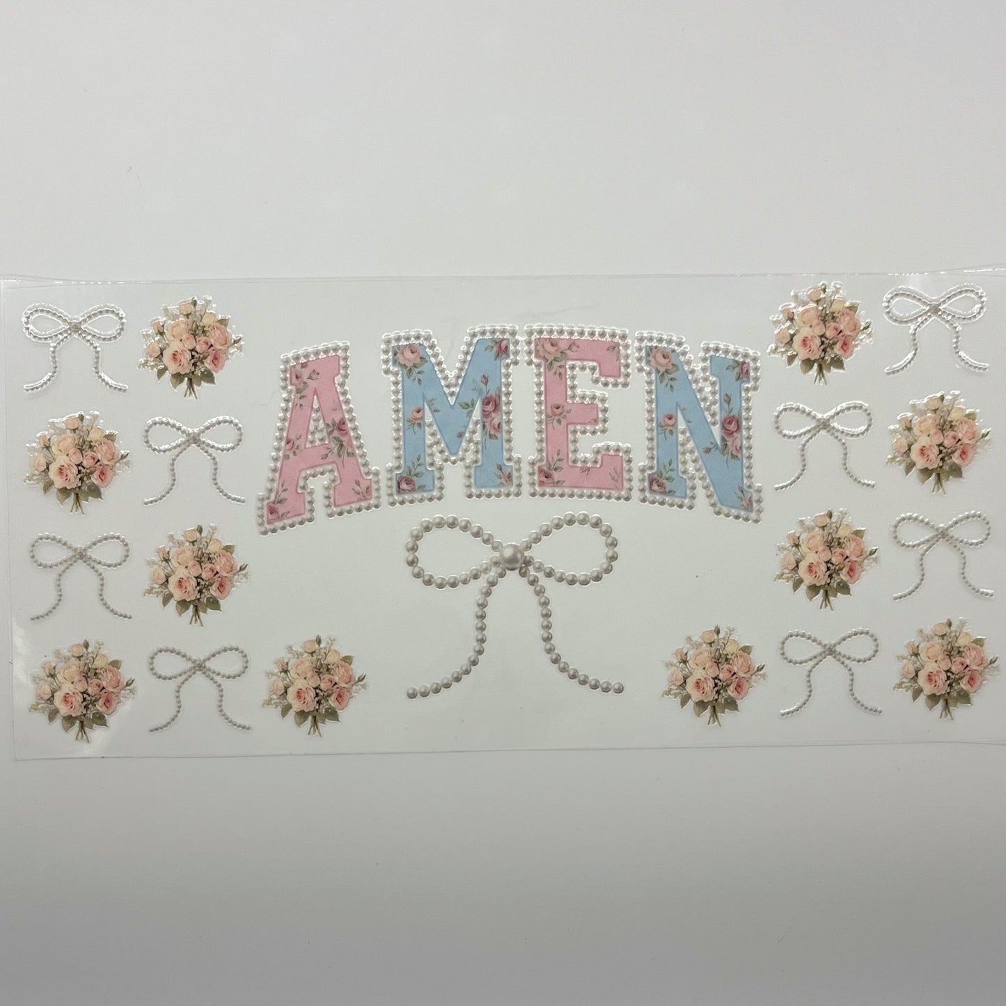 UV DTF Wrap 16oz - AMEN Coquette Pearl Blush Rose Bow Decal