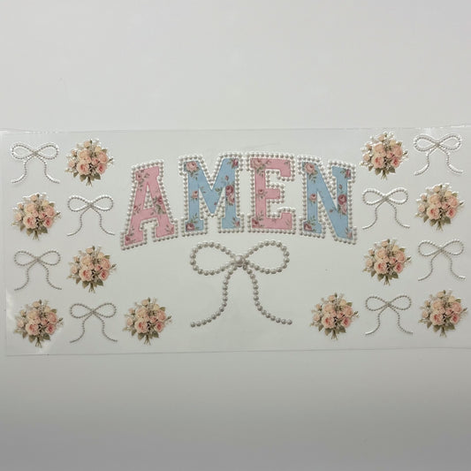 UV DTF Wrap 16oz - AMEN Coquette Pearl Blush Rose Bow Decal