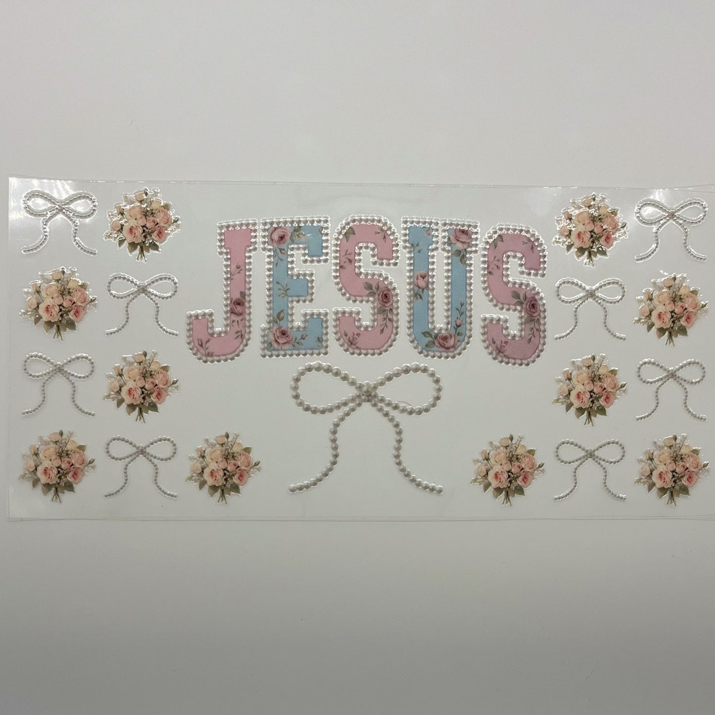 UV DTF Wrap 16oz - JESUS Coquette Pearl Blush Rose Bow Decal