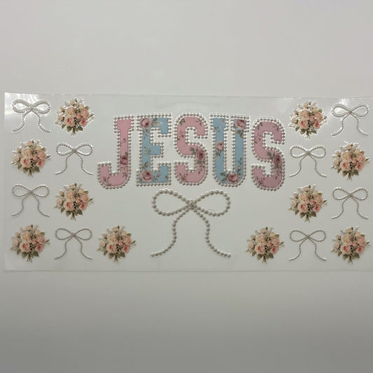 UV DTF Wrap 16oz - JESUS Coquette Pearl Blush Rose Bow Decal