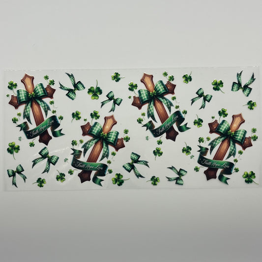 UV DTF Wrap 16oz - Faith Hope Love Cross St. Patrick's Day Shamrock Decal