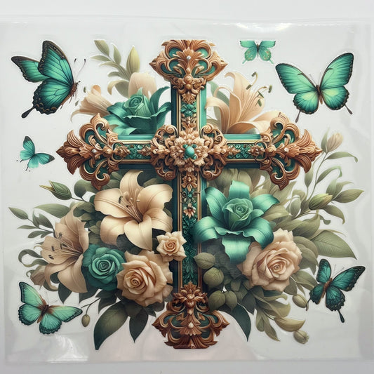 UV DTF Wrap 20oz - Ornate Cross Teal Roses Butterfly