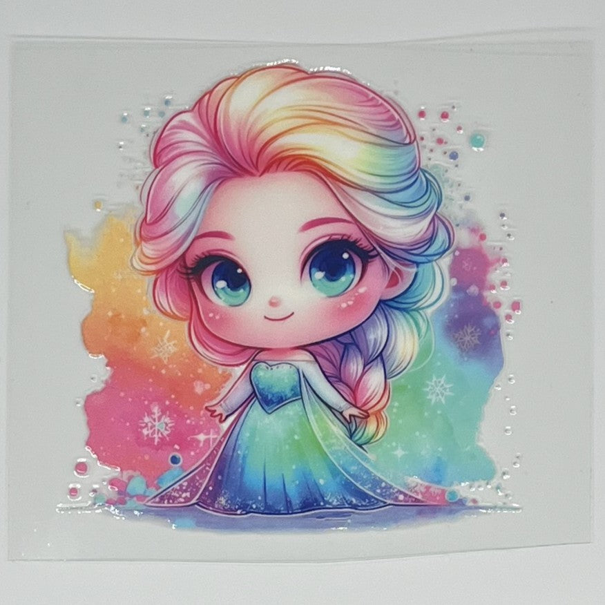 Chibi Elsa Rainbow Watercolor Frozen UV DTF Decal