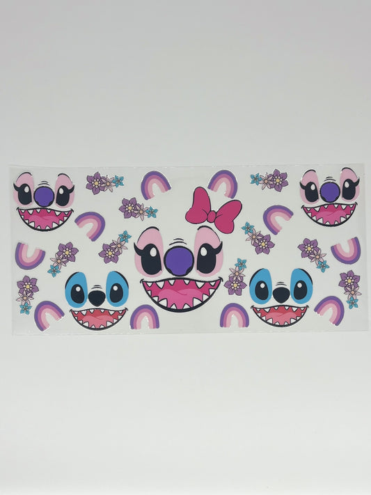 Blue and Pink Alien Faces Floral Rainbow UV DTF 16oz Cup Wrap