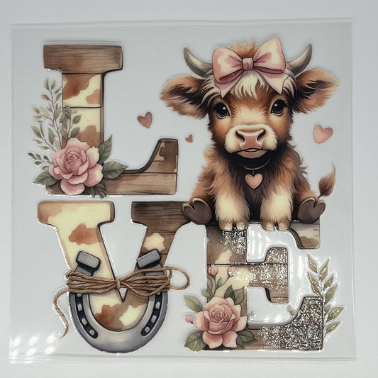 LOVE Highland Cow UV DTF Decal