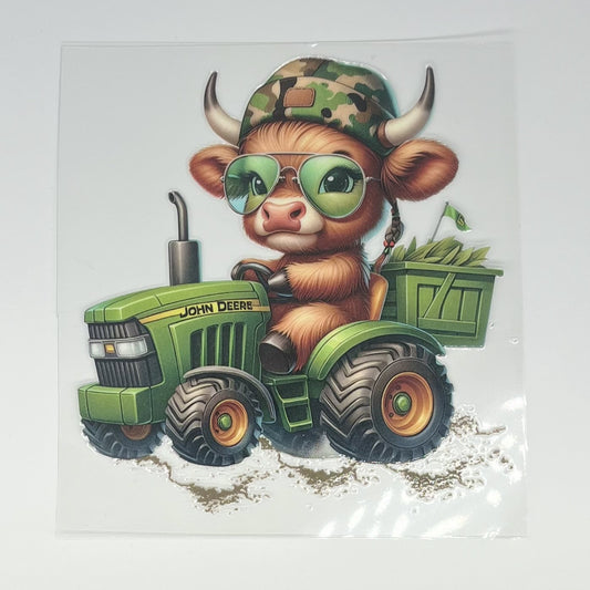 Farmer Cow on Green Tractor UV DTF Decal