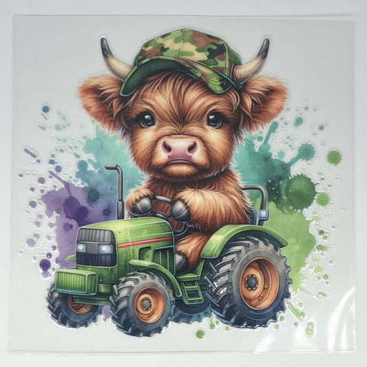 Camo Cap Highland Cow on Green Tractor UV DTF Decal