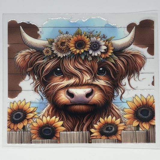Sunflower Crown Highland Cow UV DTF Decal