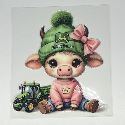 Green Beanie Bow Baby Cow UV DTF Decal