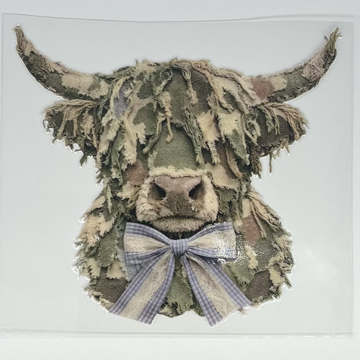 Camo Highland Cow with Gingham Bow UV DTF Decal