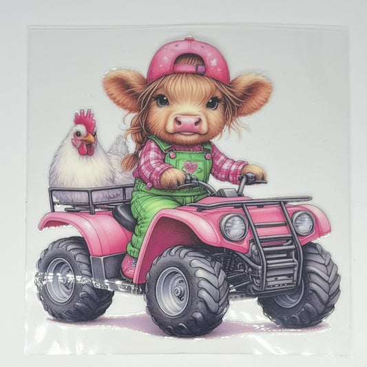 Farm Girl Cow on Pink ATV with Chicken UV DTF Decal