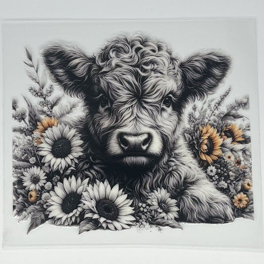 Black & White Sunflower Highland Cow UV DTF Decal
