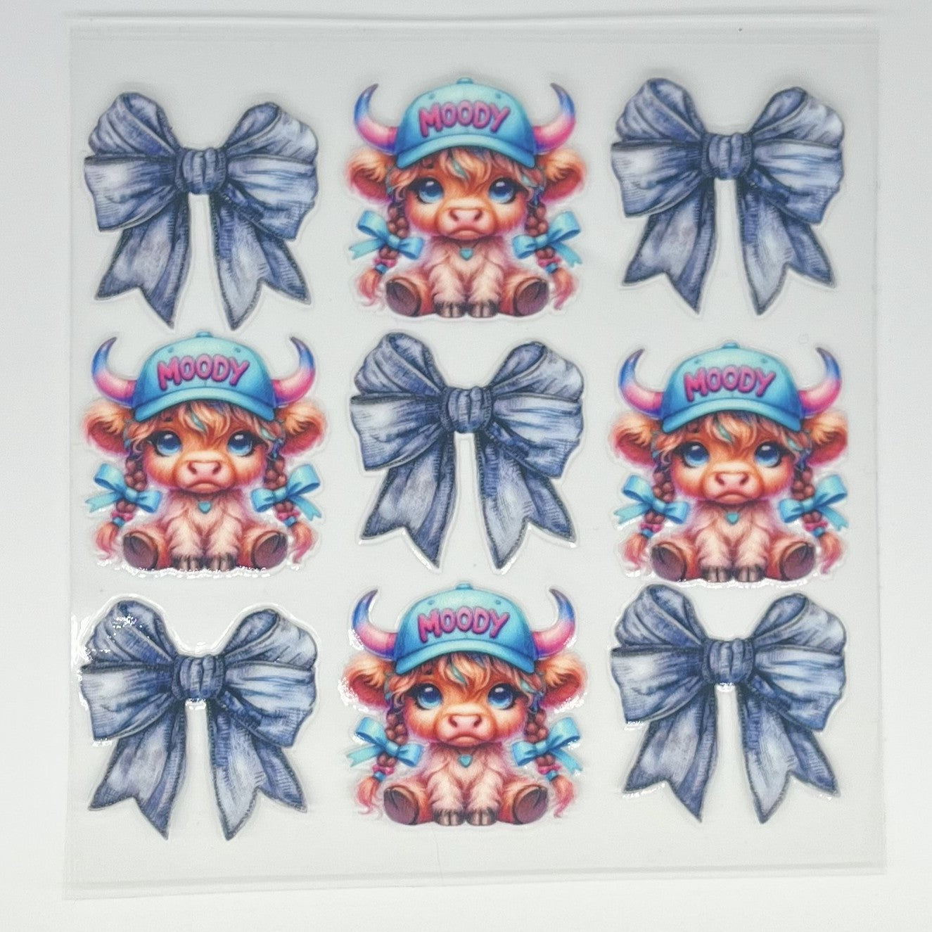 Moody Highland Cow & Denim Bow UV DTF Decal Sheet