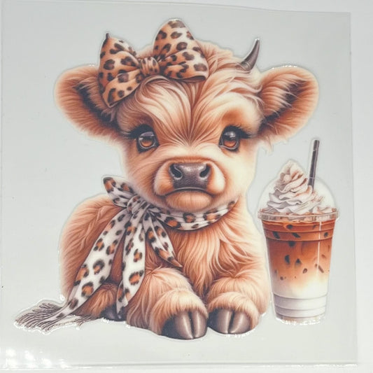 Leopard Bow Highland Cow with Iced Coffee UV DTF Decal