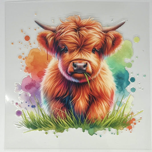 Watercolor Rainbow Highland Cow in Grass UV DTF Decal