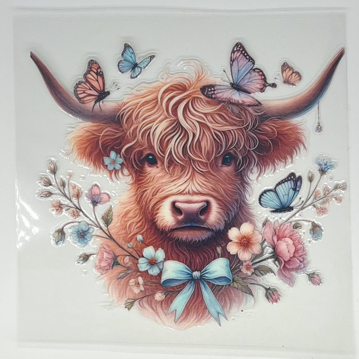 Butterfly Floral Highland Cow with Blue Bow UV DTF Decal