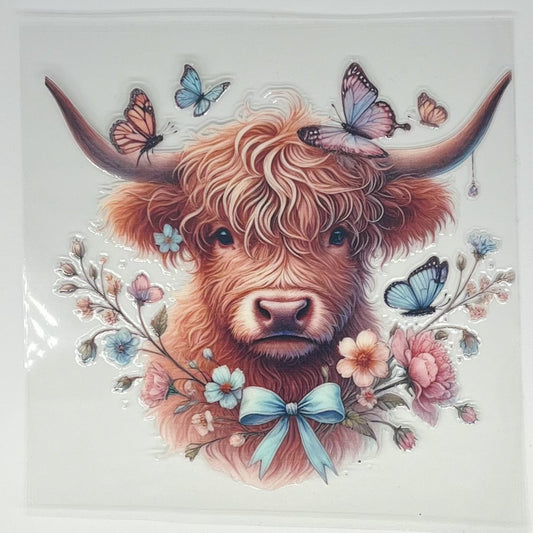 Butterfly Floral Highland Cow with Blue Bow UV DTF Decal