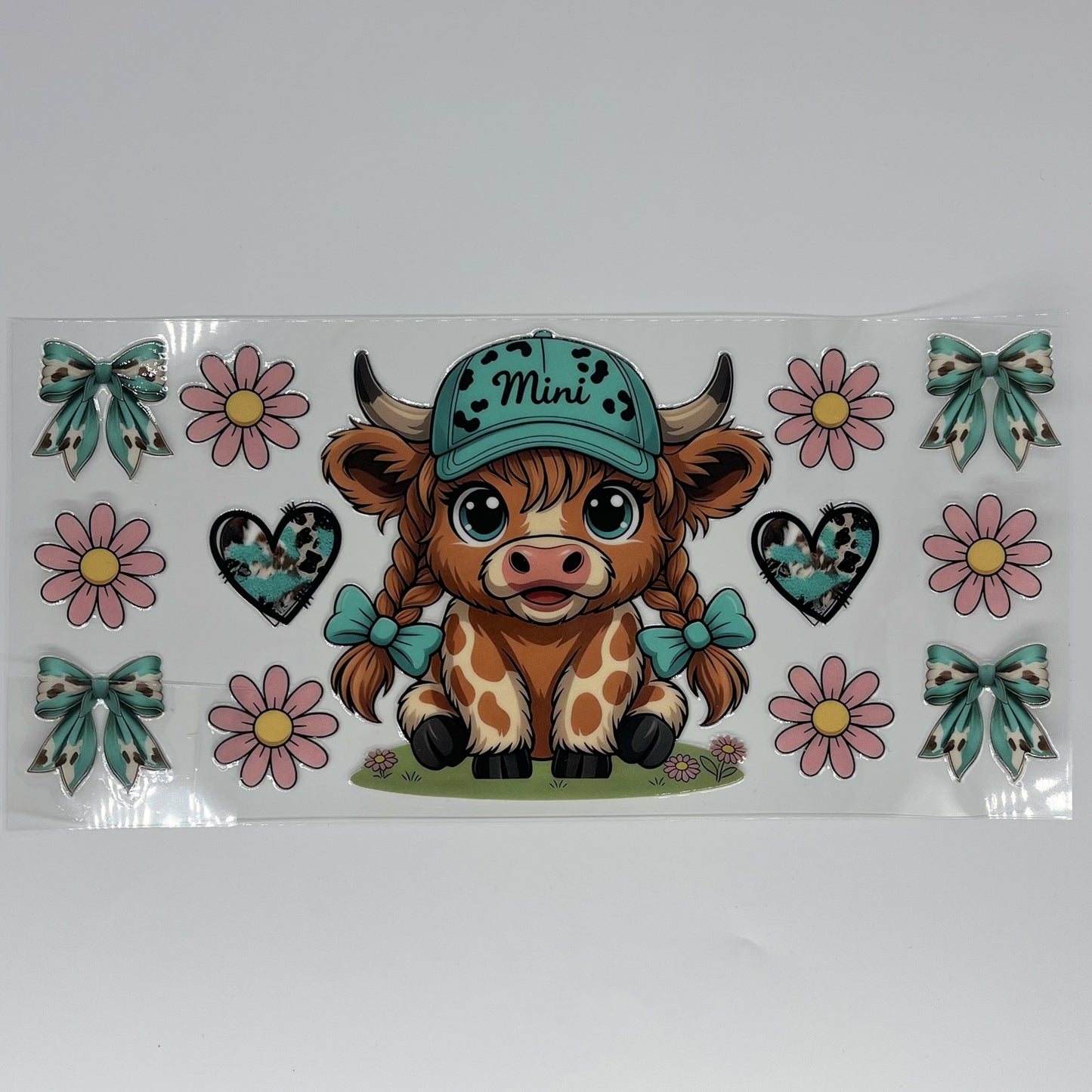 Mini Baby Highland Cow with Teal Bows 16 oz UV DTF Wrap