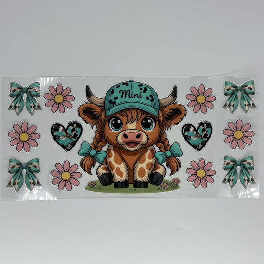 Mini Baby Highland Cow with Teal Bows 16 oz UV DTF Wrap