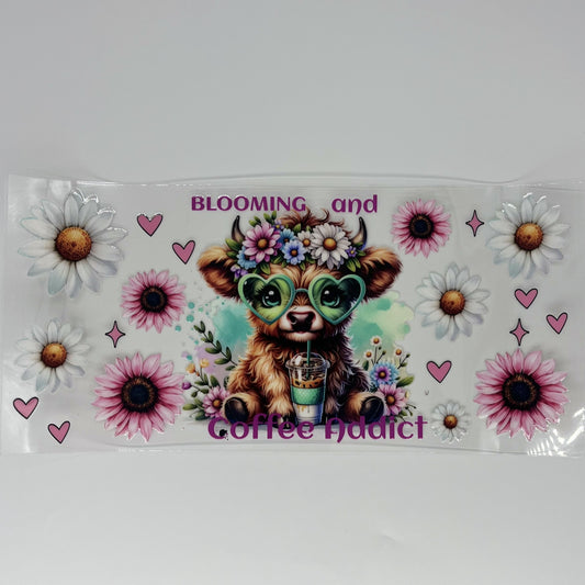 Blooming and Coffee Addict Highland Cow 16 oz UV DTF Wrap