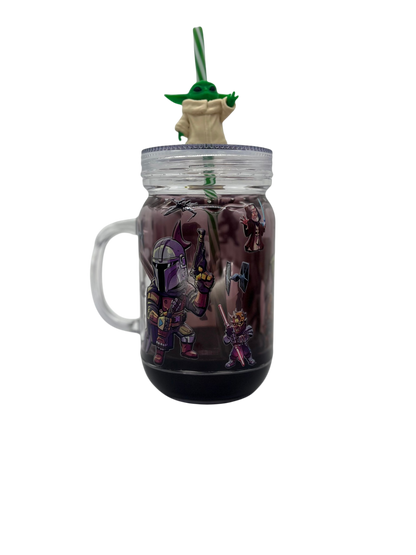Star Wars Galaxy Mason Jar 20oz Acrylic Tumbler with Grogu Straw Topper