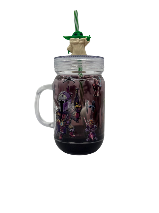 Star Wars Galaxy Mason Jar 20oz Acrylic Tumbler with Grogu Straw Topper