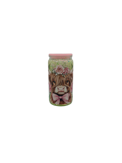 Floral Highland Cow Glow in the Dark 16oz Acrylic Glitter Tumbler