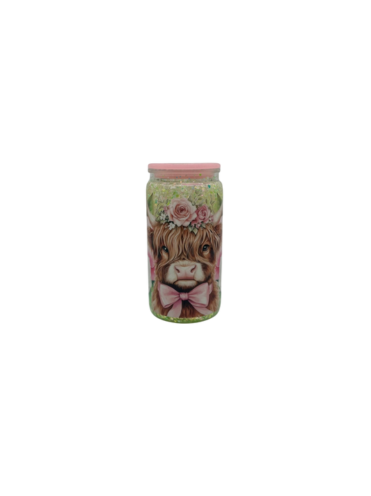 Floral Highland Cow Glow in the Dark 16oz Acrylic Glitter Tumbler