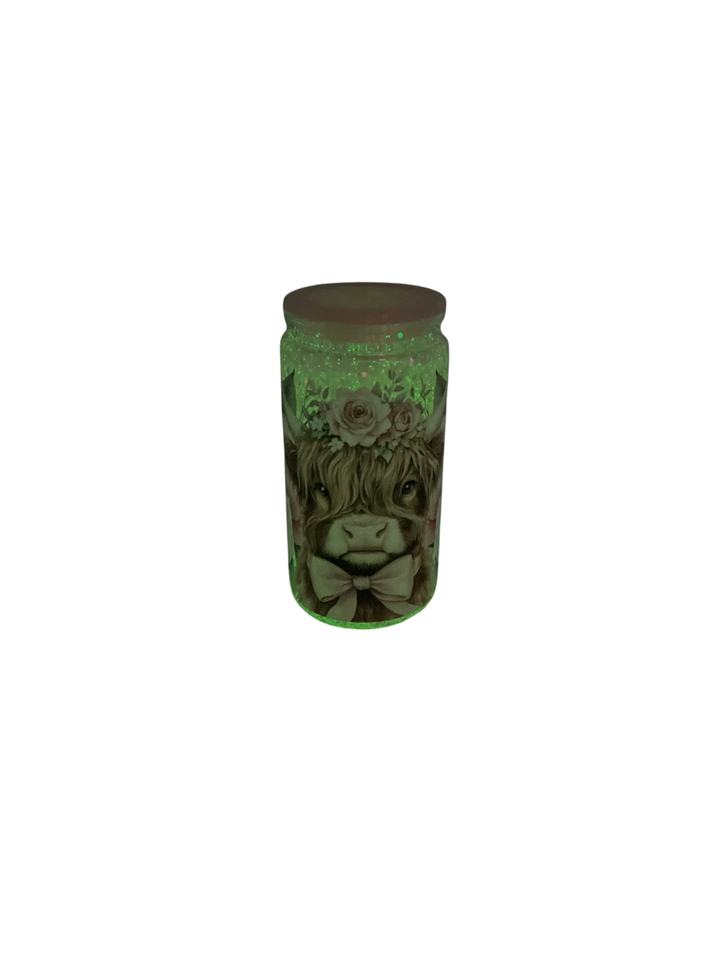 Floral Highland Cow Glow in the Dark 16oz Acrylic Glitter Tumbler