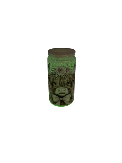 Floral Highland Cow Glow in the Dark 16oz Acrylic Glitter Tumbler